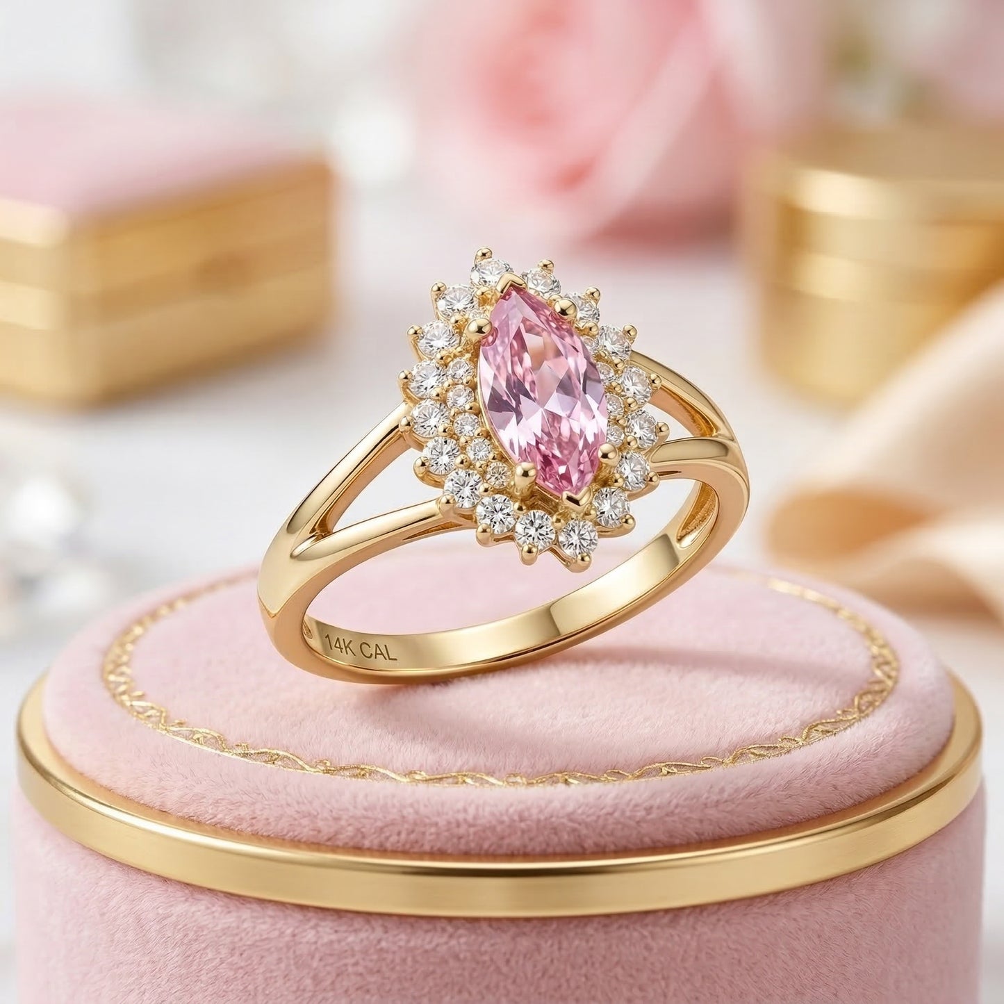 Anillo de Oro 14k con Piedra Rosa y Diamantes Halo
