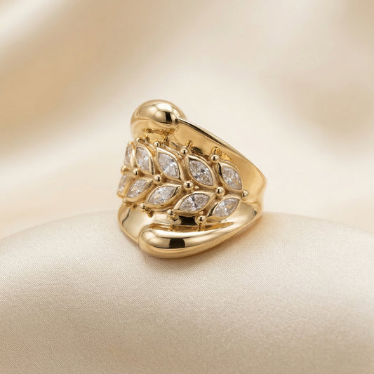 Anillo Bypass Oro 14K Mujer - Cristales Marquise Diseño Hojas