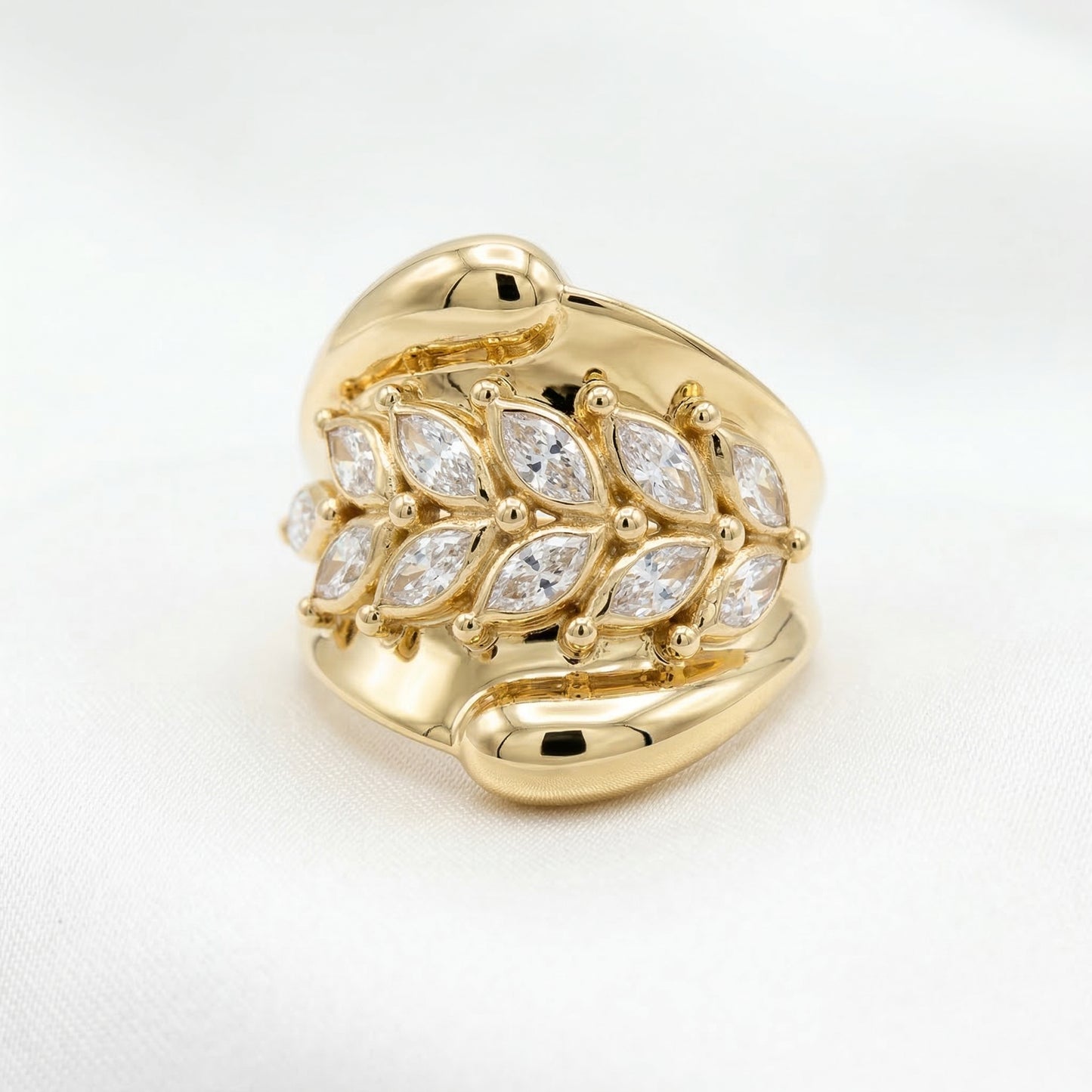 Anillo Bypass Oro 14K Mujer - Cristales Marquise Diseño Hojas