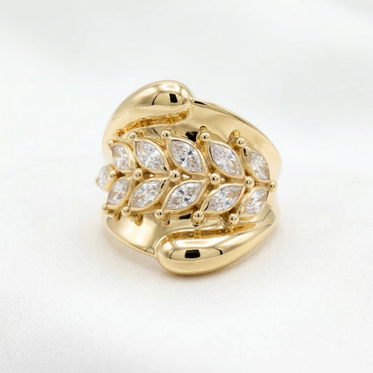 Anillo Bypass Oro 14K Mujer - Cristales Marquise Diseño Hojas