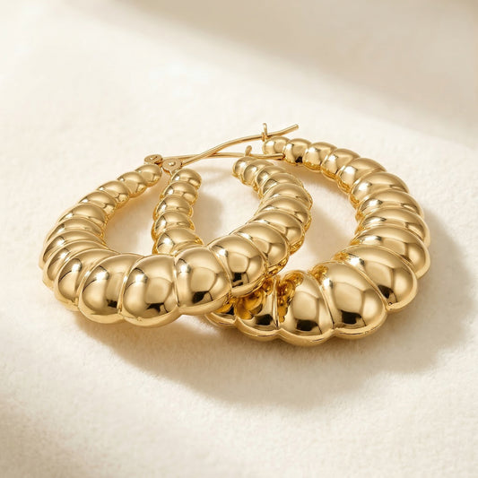 Aretes Argolla Acanalados Oro 14K Mujer - Diseño Chunky Texturizado