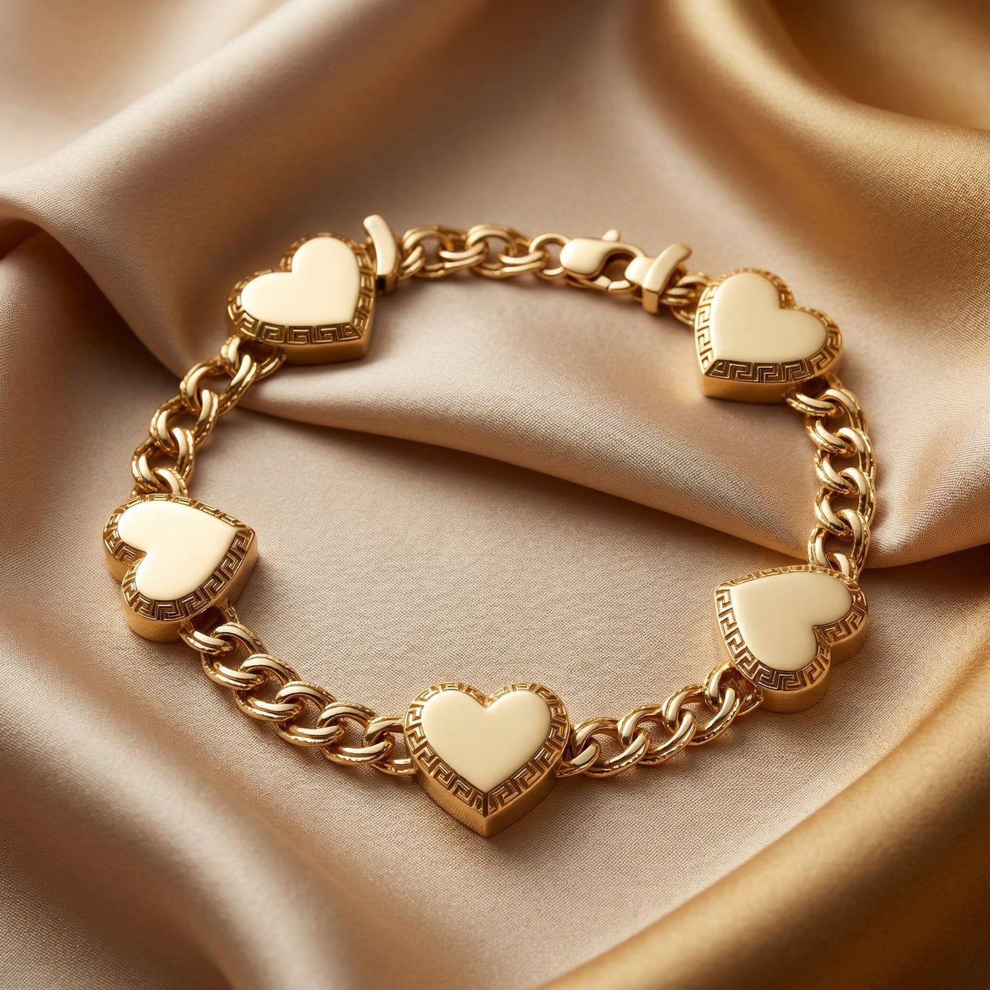 Pulsera Corazones Dorados | Cadena Rolo con Grecas