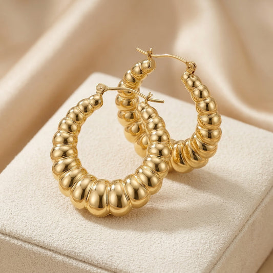 Aretes Argolla Acanalados Oro 14K Mujer - Diseño Chunky Texturizado
