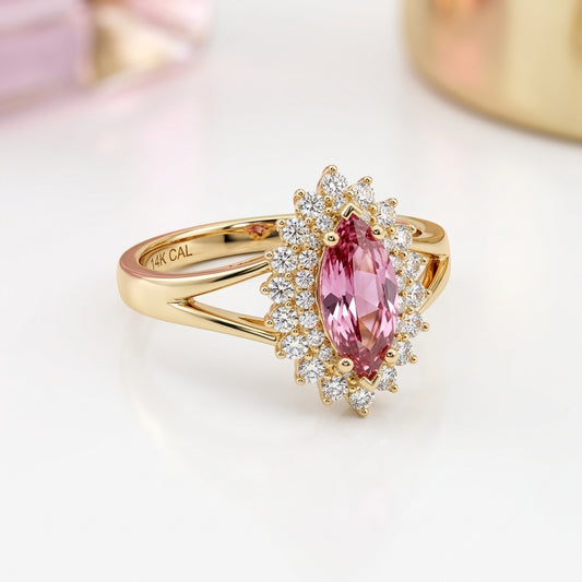 Anillo de Oro 14k con Piedra Rosa y Diamantes Halo
